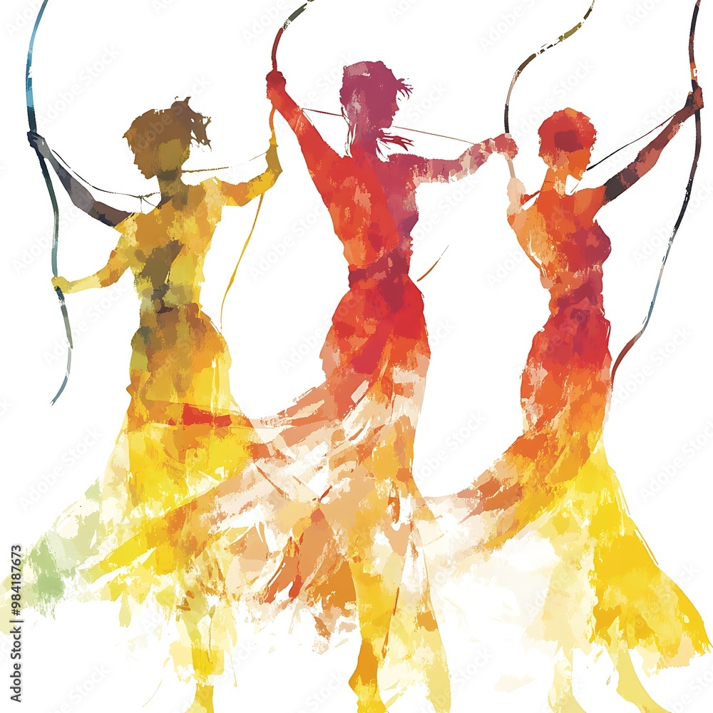 Poster Three Watercolor Silhouettes of Women Archers with Bows.