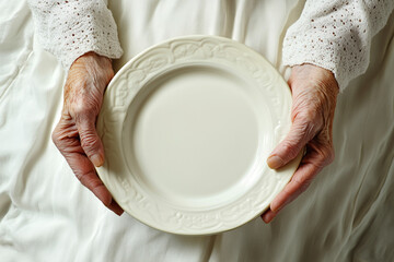 Hands of old woman with clean empty white plate