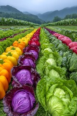 Fototapeta premium Rows of vibrant vegetable crops interspersed with free-roaming cattle, demonstrating natural coexistence, Vegetable and cattle farm, Sustainability