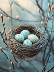 Obraz premium Bird's nest with speckled eggs among budding branches.