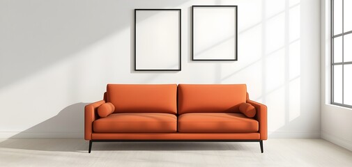 Fototapeta premium Stylish orange sofa with abstract art decor in modern living space, sleek minimalist furniture, sunlight streaming through tall windows, vibrant color palette