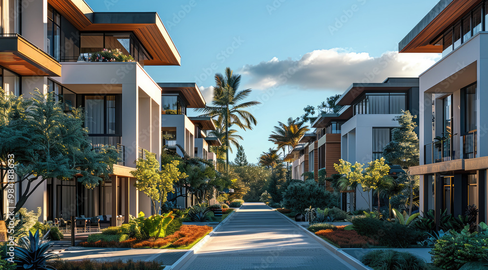 Poster a masterplanned coastal community with modern residential condo with subtle design and sleek lines w