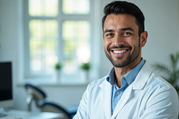 Obraz premium Horizontal portrait of a handsome hispanic male dentist posing at his clinic smiling to the camera joyfully copyspace medicine dentistry people wellbeing helpful friendly health teeth oral concept