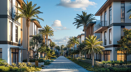 Fototapeta premium A masterplanned coastal community with modern residential condo with subtle design and sleek lines with street retail and landscaping. Generative AI.