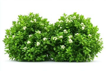 Fototapeta premium Two dense green shrubs with small white flowers, highly detailed foliage, natural texture