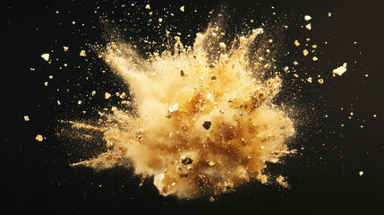 Dynamic explosion of gold particles creating a stunning visual effect on a dark background