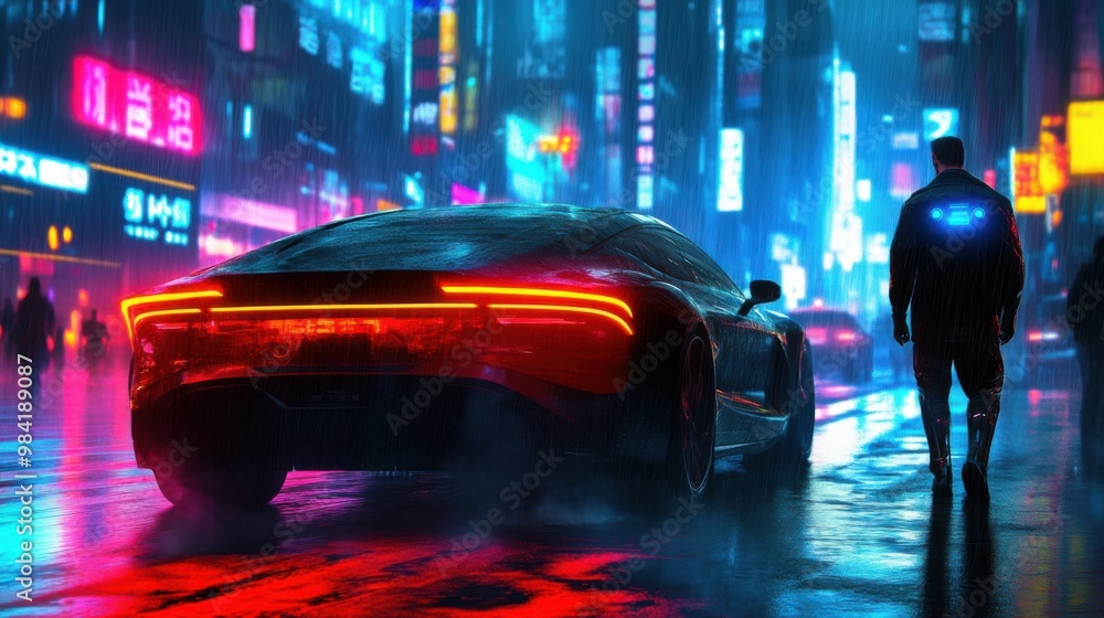 Poster futuristic cityscape: ai-driven neon nights with autonomous vehicles and robots in high-tech urban s