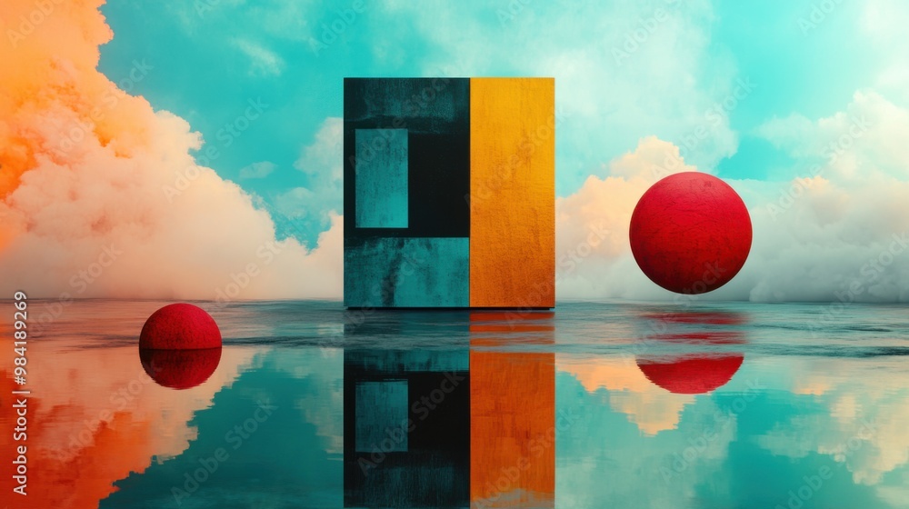 Poster surreal ai-generated dreamscapes: nature and technology merge with geometric shapes and shifting col