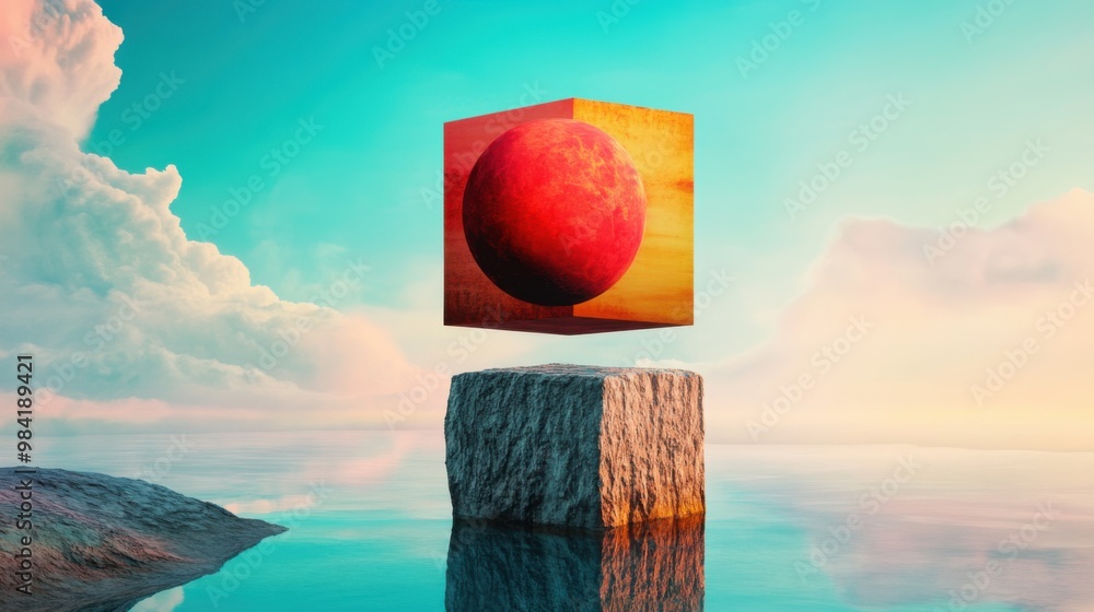 Poster digital dreamscape: surreal ai-generated world of floating geometric shapes and merging nature with 
