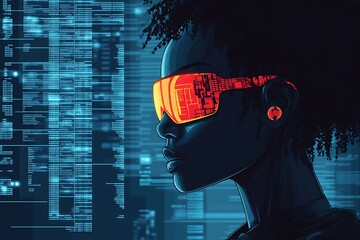 Woman in futuristic goggles with blue code background.