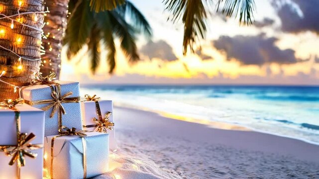 Christmas presents under a palm tree decorated with string lights, set on a tropical beach at sunset. Exotic holiday celebration concept.
