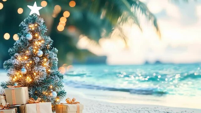 Christmas presents under a palm tree decorated with string lights, set on a tropical beach at sunset. Exotic holiday celebration concept.
