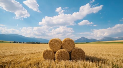 Harvested wheat bundles piled in a field, with distant mountains and a bright sky, symbol of abundance 