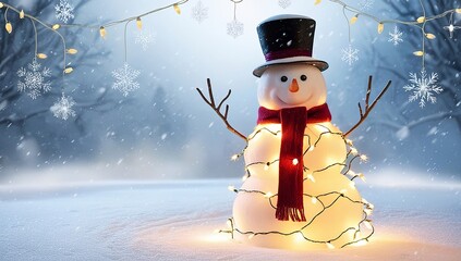 Snowman surrounded by twinkling fairy lights on a snowy ground with a gentle snowfall. Made with generative AI technology