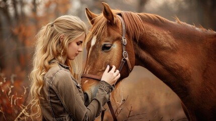 Obraz premium Horse Petting by a Caucasian Woman in Kentucky Bluegrass Fields