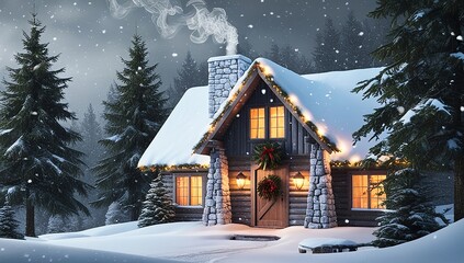 Naklejka premium Snowy Cabin with smoke curling from the chimney and festive lights glowing warmly. Made with generative AI technology
