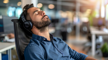 A man wearing noise-canceling headphones, exuding focus and relaxation in a bustling office environment with blurred background noise. The prominently displayed headphones highlight the concept of noi