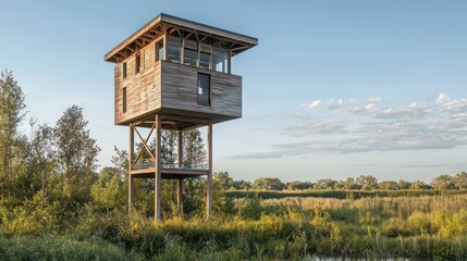A wood-clad observation tower in a nature reserve, offering expansive views and a sustainable design
