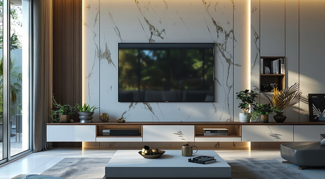 Interior design for a tv unit in modern design. Generative AI.