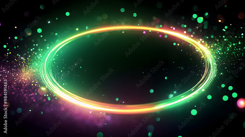 Poster sparkles and neon glow on a textured abstract background. circle frame of shiny swirls with green sp