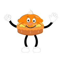 Cute mascot pumpkin pie, Halloween Pumpkin Pie Characters. Cartoon Sweets Cup Pudding Latte Walking and Smiling. Vector Autumn Holiday Mascot Template. Illustration Cool kawaii happy doodle Isolated