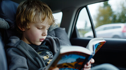 Kid is reading a book sitting in the back seat in the car