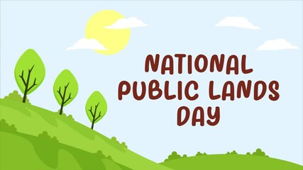 Animation footage of National Public Lands Day featuring a scenic landscape with rolling hills, trees, and a bright sun in the sky. Suitable for the celebration of National Public Lands Day in America