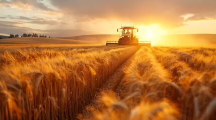Tractor Working in a Field of Ripe Wheat on a Sunny Day. Generative AI