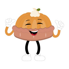 Cute mascot pumpkin pie, Halloween Pumpkin Pie Characters. Cartoon Sweets Cup Pudding Latte Walking and Smiling. Vector Autumn Holiday Mascot Template. Illustration Cool kawaii happy doodle Isolated