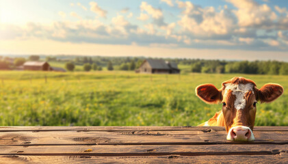A wooden table with a farm background and a cow on the grassland, a sunny day, a meadow, farm buildings in the distance, and a close-up shot of a cow's face.