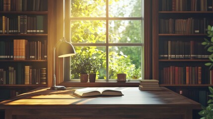 Workplace home library wooden table, books and desk lamp near window nature background