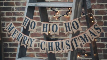 Festive Christmas Banner on Ladder with String Lights