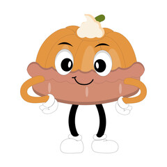 Cute mascot pumpkin pie, Halloween Pumpkin Pie Characters. Cartoon Sweets Cup Pudding Latte Walking and Smiling. Vector Autumn Holiday Mascot Template. Illustration Cool kawaii happy doodle Isolated