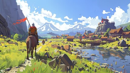 Tevbot and his horse arriving at a small village, ready to assist the townspeople with his scout sword at the ready. 