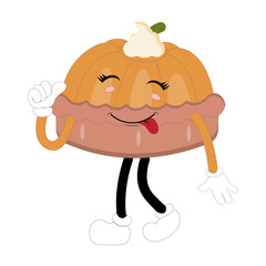 Cute mascot pumpkin pie, Halloween Pumpkin Pie Characters. Cartoon Sweets Cup Pudding Latte Walking and Smiling. Vector Autumn Holiday Mascot Template. Illustration Cool kawaii happy doodle Isolated