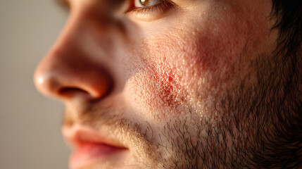 Obraz premium Close up face of young man suffering from problem skin. Acne, rosacea, dry skin. Dermatology concept