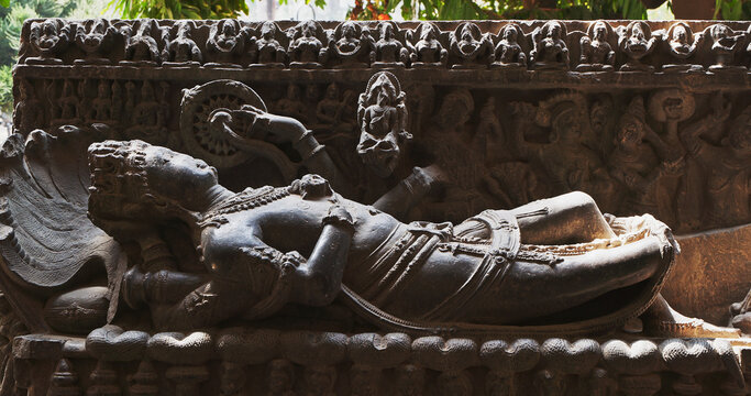 Ancient Statue Sheshashayi Or Shesha Also Known Like Sheshanaga Is Serpentine Demigod -naga- And King Of Serpents -nagaraja-. Hindu God Vishnu Is Resting On Shesha, Accompanied By His Consort Lakshmi