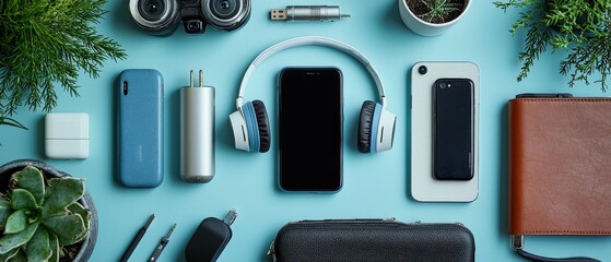 Top view of tech accessories including smartphone, headphones, and other gadgets on a desk