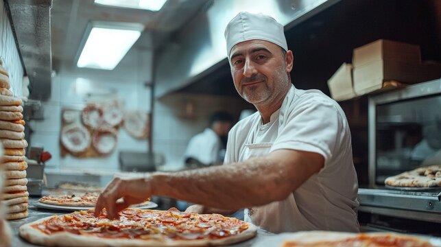 Experienced pizza maker preparing pizza in a busy Italian restaurant kitchen