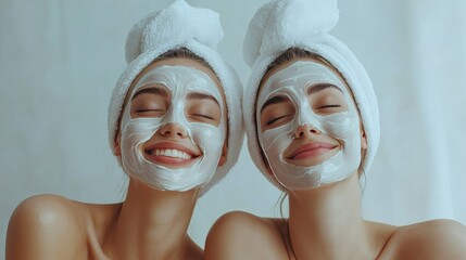A picture of two girls friends relaxing with facial masks on over white background