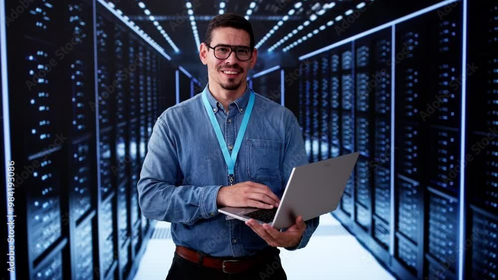 Poster happy engineer in data center server room configuring ai