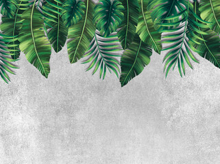Photo wallpapers for the interior. Mural for the walls. Tropical leaves. The decor is in the grunge style.