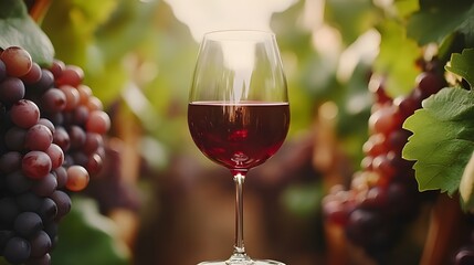 Red wine glass surrounded by fresh grapes in a natural vineyard setting.

