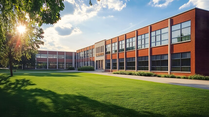 An exterior view of a public school building yard. College or university architecture, an outdoor view of a campus, high school construction, college or university landscape design.