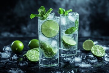 Fototapeta premium Two tall glasses of classic mojitos filled with crushed ice, fresh lime slices, and mint leaves