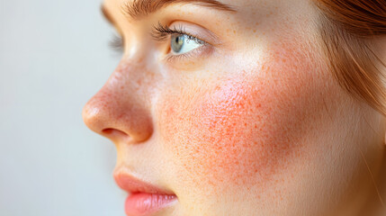 Close up face of young woman suffering from problem skin. Acne, rosacea, dry skin. Dermatology concept