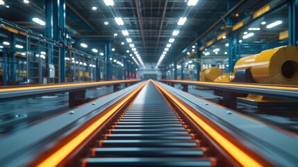 Fototapeta premium Inside of a factory with a long conveyor belt. Generative AI.