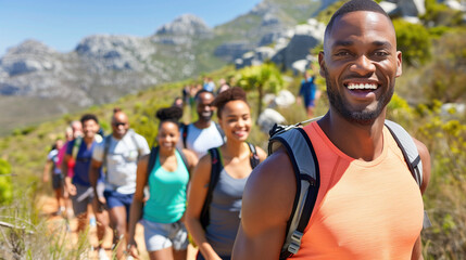 Fototapeta premium Group of hikers enjoying scenic mountain trail on a bright day, celebrating outdoor adventure and well-being