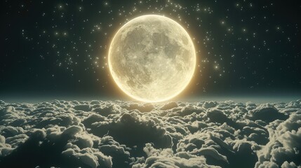 The full moon in the sky, above the clouds. Generative AI.