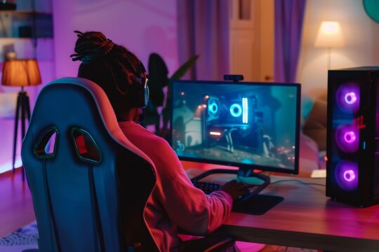 A young woman enjoys her time playing online games, fully engaged in a vibrant digital world, surrounded by a cozy and modern gaming environment.